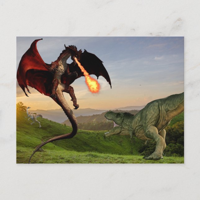 Tyrannosaurs Vs Red Fire Breathing Dragon Battle Postcard (Front)