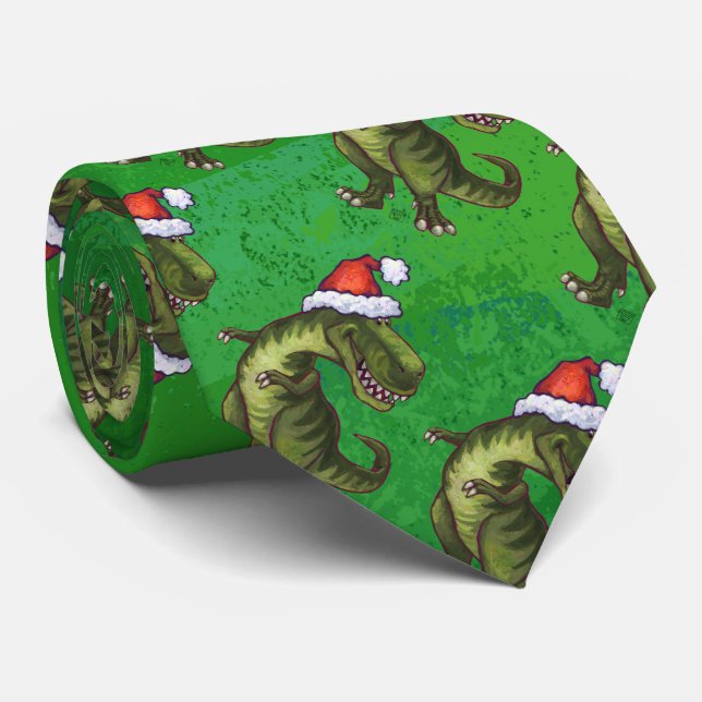 Tyrannosaurus Christmas On Green Tie (Rolled)