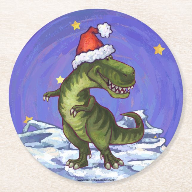 Tyrannosaurus Christmas Round Paper Coaster (Front)