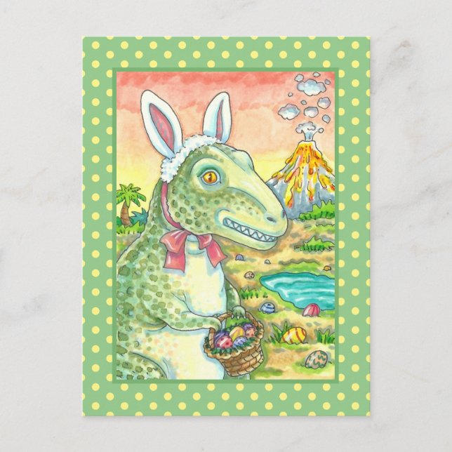 TYRANNOSAURUS,  CUTE T-REX, EASTER BUNNY DINO HOLIDAY POSTCARD (Front)