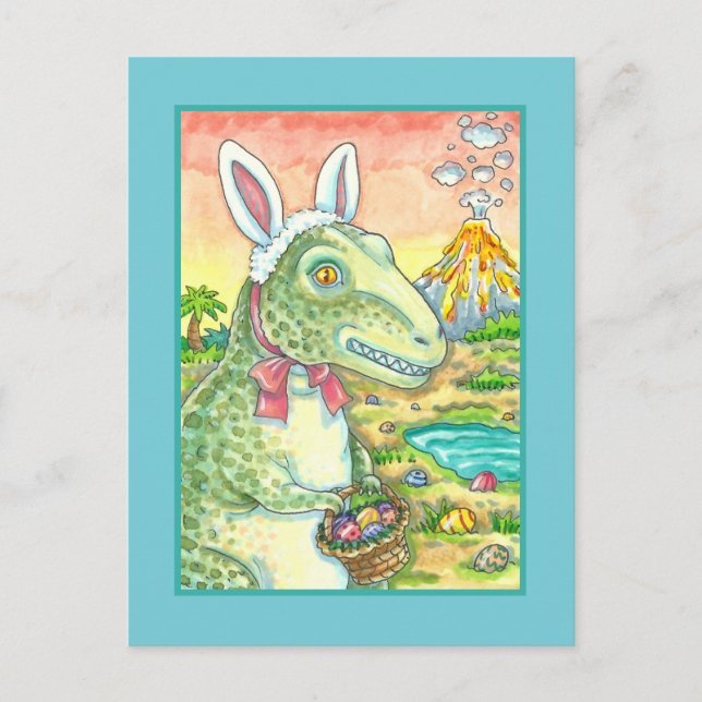 TYRANNOSAURUS,  CUTE T-REX, EASTER BUNNY DINO HOLIDAY POSTCARD (Front)