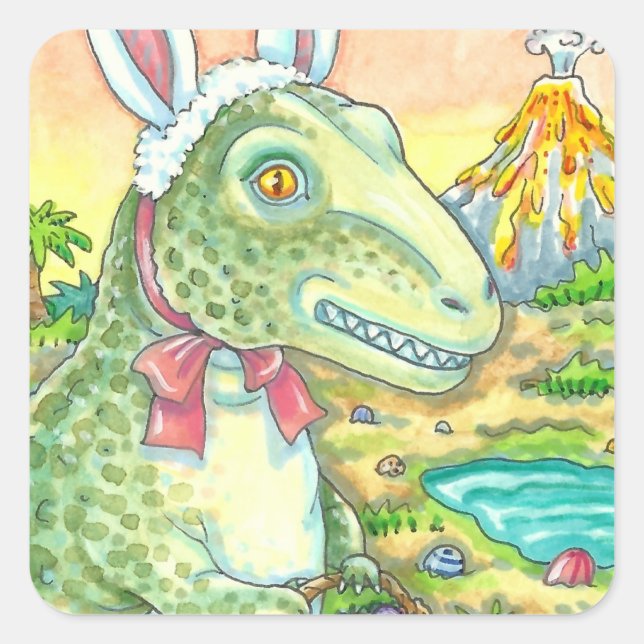 TYRANNOSAURUS,  CUTE T-REX, EASTER BUNNY DINO SQUARE STICKER (Front)