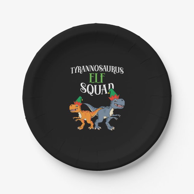 Tyrannosaurus Elf Squad Xmas T-Rex Dinosaur Christ Paper Plate (Front)
