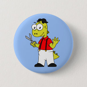 Tyrannosaurus Rex Barber With Scissors. 6 Cm Round Badge