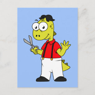 Tyrannosaurus Rex Barber With Scissors. Postcard