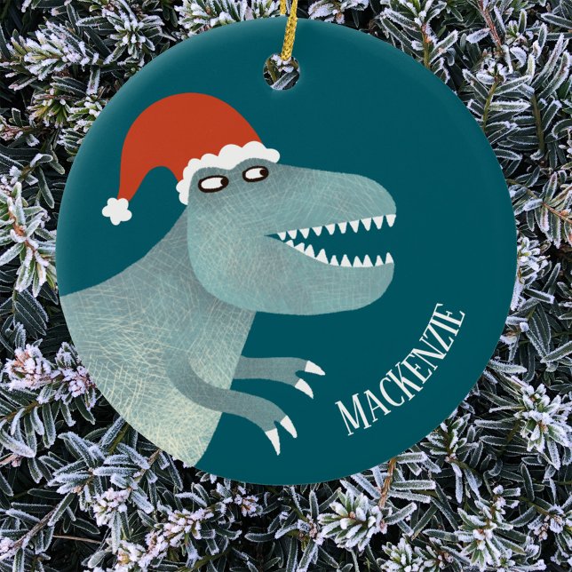 Tyrannosaurus Rex Christmas Santa Hat Personalised Ceramic Tree Decoration (Tyrannosaurus Rex dinosaur in a Christmas Santa Hat personalized custom name ornament)