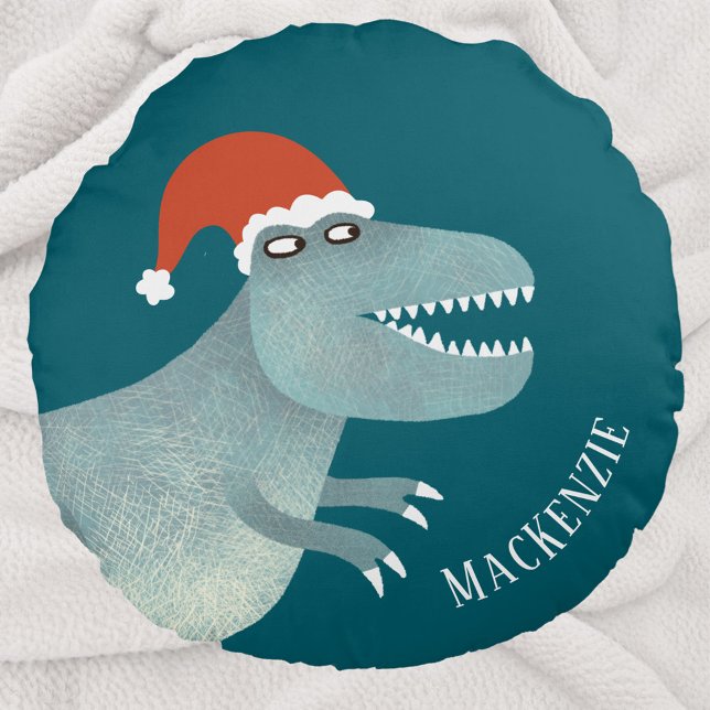 Tyrannosaurus Rex Christmas Santa Hat Personalised Round Cushion (Tyrannosaurus Rex dinosaur in a Christmas Santa Hat personalized name pillow)