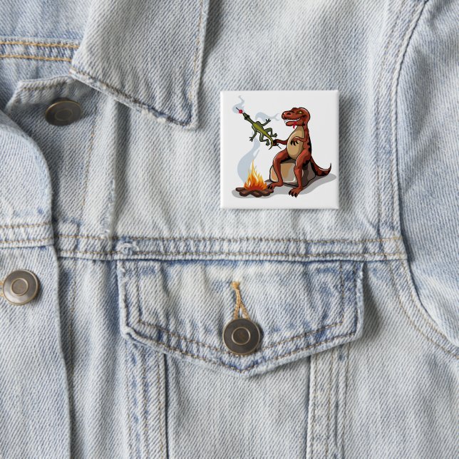 Tyrannosaurus Rex Cooking Food Over A Campfire. 15 Cm Square Badge (In Situ)