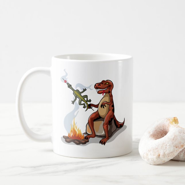 Tyrannosaurus Rex Cooking Food Over A Campfire. Coffee Mug (With Donut)