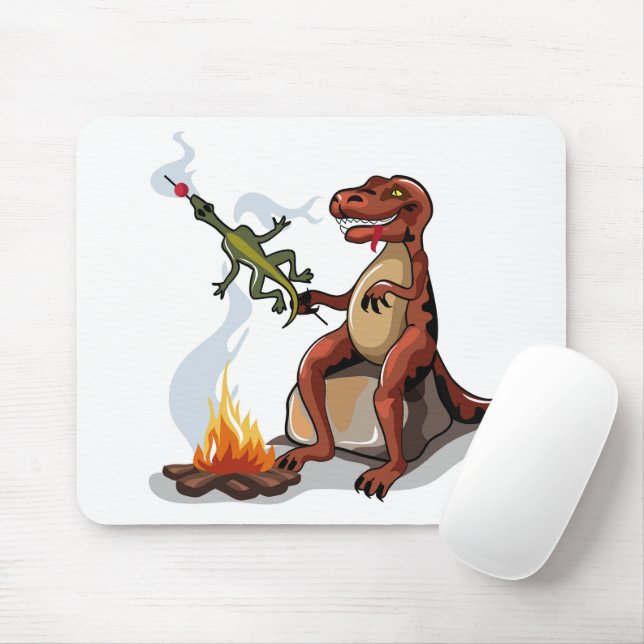 Tyrannosaurus Rex Cooking Food Over A Campfire. Mouse Mat (With Mouse)