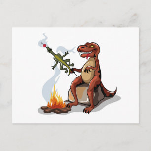Tyrannosaurus Rex Cooking Food Over A Campfire. Postcard