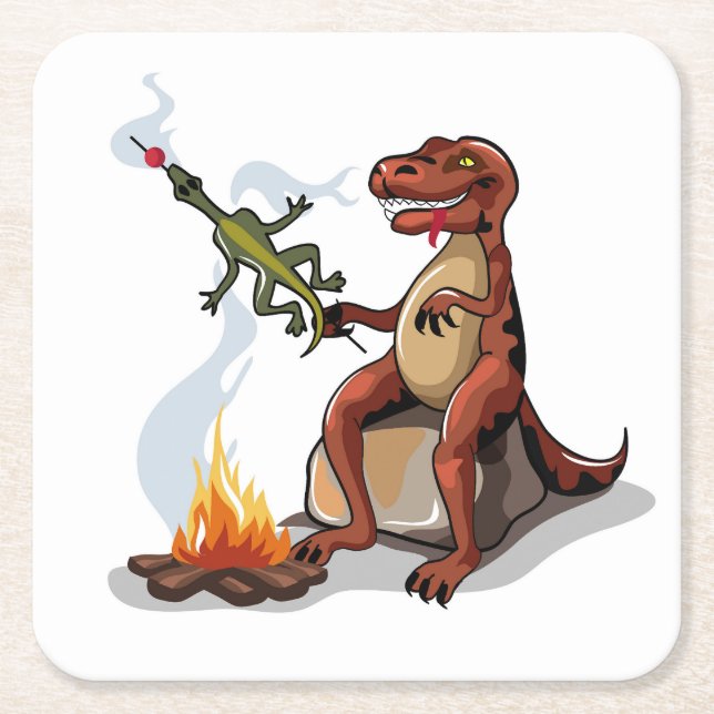 Tyrannosaurus Rex Cooking Food Over A Campfire. Square Paper Coaster (Front)