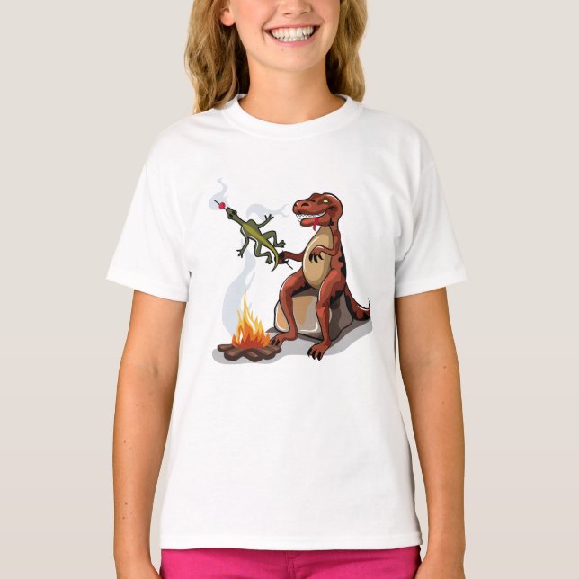 Tyrannosaurus Rex Cooking Food Over A Campfire. T-Shirt (Front)