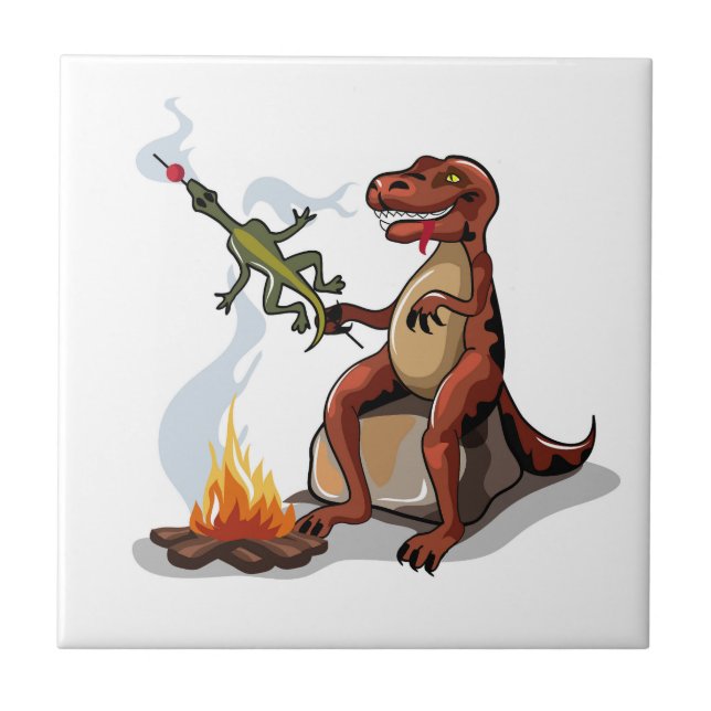 Tyrannosaurus Rex Cooking Food Over A Campfire. Tile (Front)