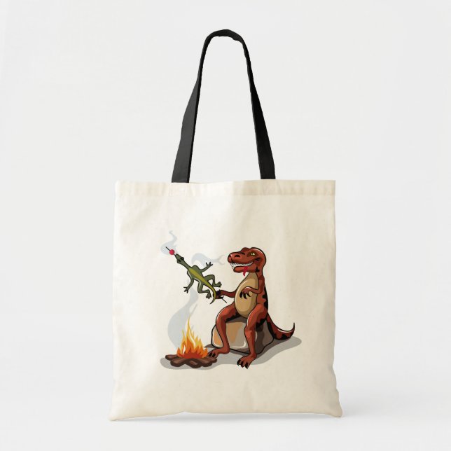 Tyrannosaurus Rex Cooking Food Over A Campfire. Tote Bag (Front)