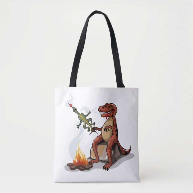 Tyrannosaurus Rex Cooking Food Over A Campfire. Tote Bag (Front)
