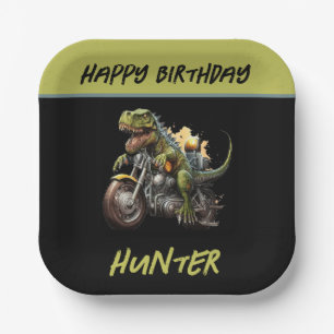 Tyrannosaurus Rex Dinosaur Motorcycle Birthday Paper Plate