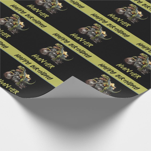 Tyrannosaurus Rex Dinosaur Motorcycle Birthday Wrapping Paper (Corner)