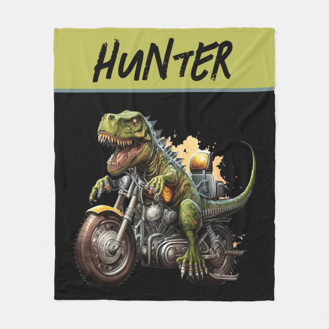 Tyrannosaurus Rex Dinosaur Riding a Motorcycle Fleece Blanket (Front)