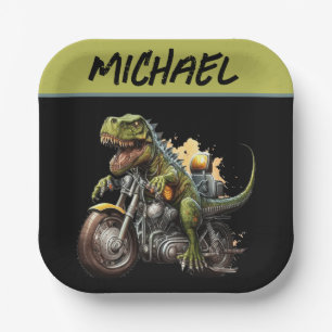Tyrannosaurus Rex Dinosaur Riding a Motorcycle Paper Plate