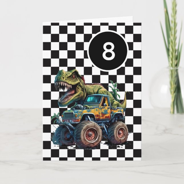 Tyrannosaurus Rex Monster Truck 8th Birthday Card (Front)