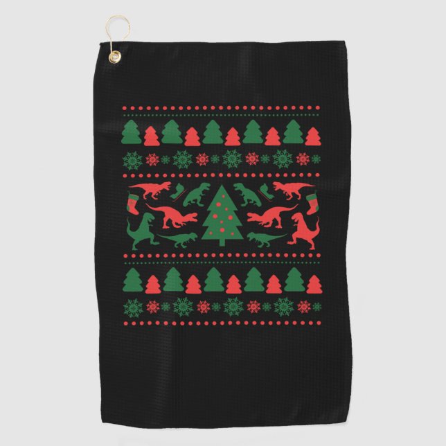Tyrannosaurus Rex Ugly Christmas Sweater - Ugly Ch Golf Towel (Front)