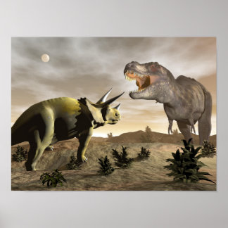 Tyrannosaurus roaring at triceratops - 3D render Poster