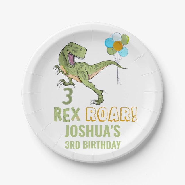 Tyrannosaurus Three Rex Dino 3rd Birthday Paper Plate (Front)