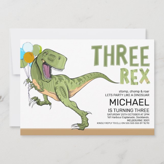 Tyrannosaurus Three Rex Dinosaur 3rd Birthday Invitation (Front)