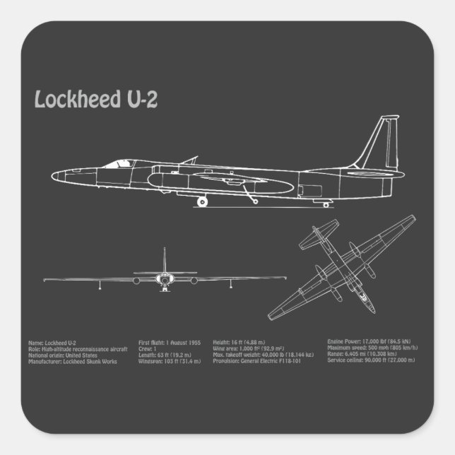 U-2 Dragon Lady - Aeroplane Blueprint Plans PD Square Sticker (Front)