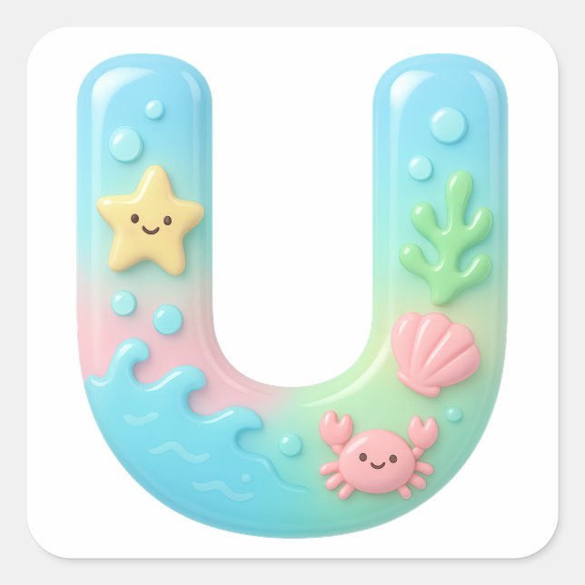 "U" Cute Letter - Underwater Sea Creature  Square Sticker (Front)