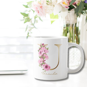 U Letter Gold Monogram Pink Magenta Floral Large Coffee Mug