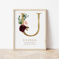 U Letter Monogram Name Marsala Floral Nursery
