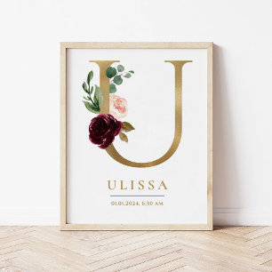 U Letter Monogram Name Marsala Floral Nursery Poster
