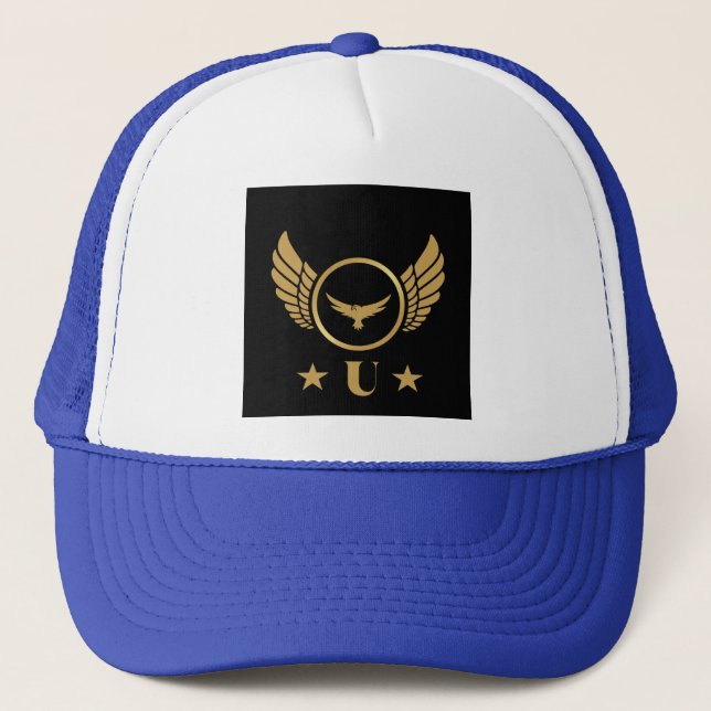 U Letter Symbol Logo Gold Eagle Image-Cap Monogram Trucker Hat (Front)