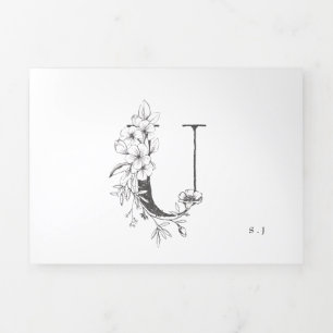 'U' Monogram Beautiful Sketched Floral Wedding Tri-Fold Invitation