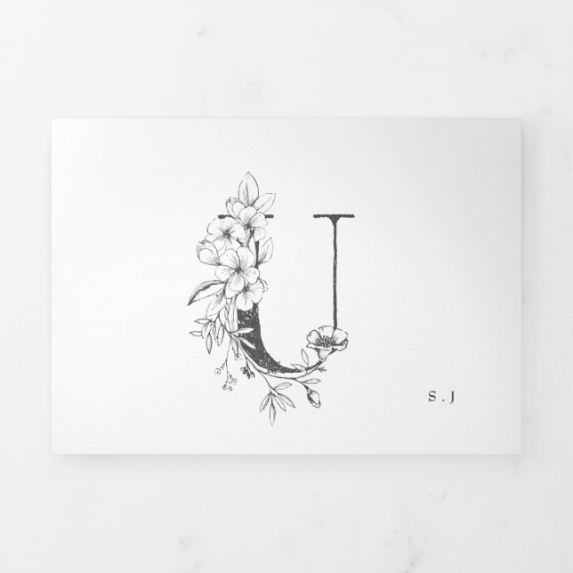 'U' Monogram Beautiful Sketched Floral Wedding Tri-Fold Invitation (Cover)