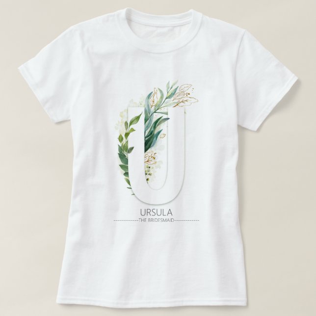 U Monogram Gold Greenery Leaves Elegant T-Shirt (Design Front)