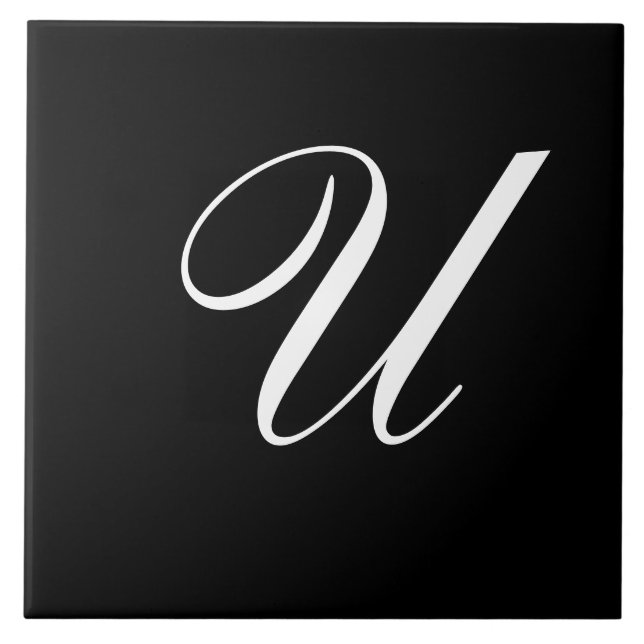 U Monogram Initial White on Black Tile (Front)