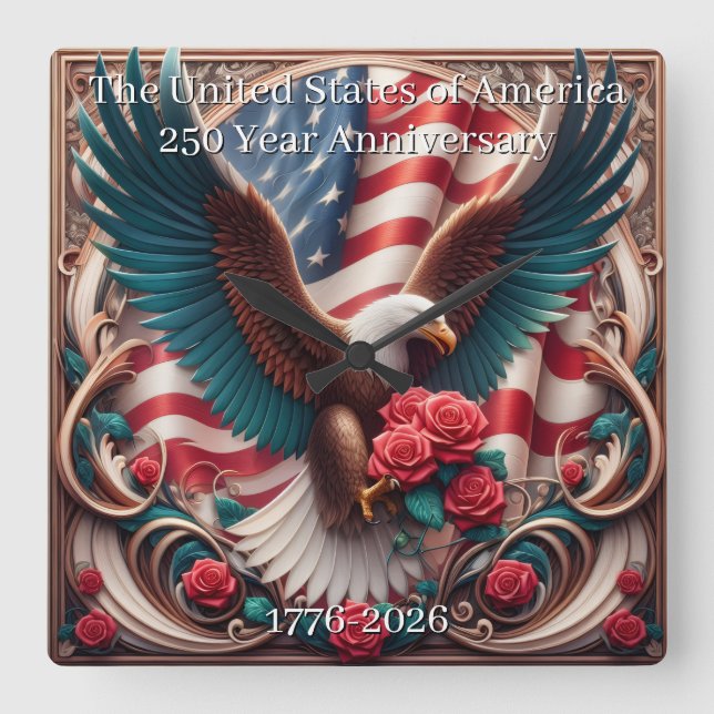 U.S.A. 250th Anniversary Commemorative Square Wall Clock (Front)