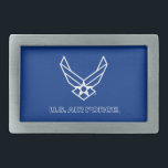 U.S. Air Force Logo - Blue Belt Buckle<br><div class="desc">This design showcases the official U.S. Air Force logo on a striking blue background. Symbolising pride,  dedication,  and service,  it’s a timeless and patriotic tribute to the United States Air Force and its rich tradition of excellence.</div>