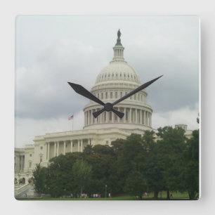 U.S. Capitol Building with Cloudy Skies Square Wall Clock