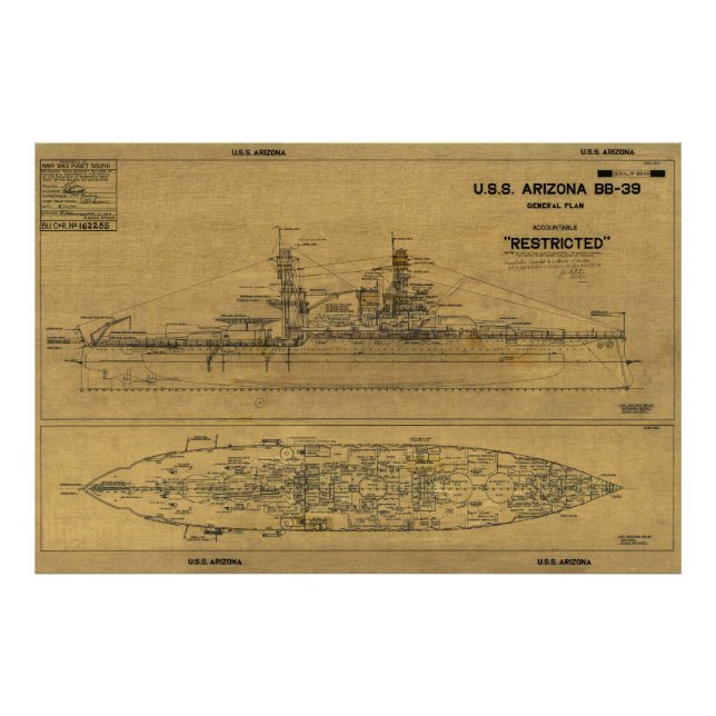 U.S.S. ARIZONA Battleship Blueprint 1934 Photo Print (Front)