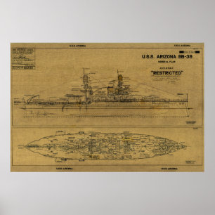 U.S.S. ARIZONA Battleship Blueprint 1934  Poster
