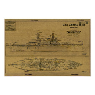 U.S.S. ARIZONA Battleship Blueprint 1934 Poster