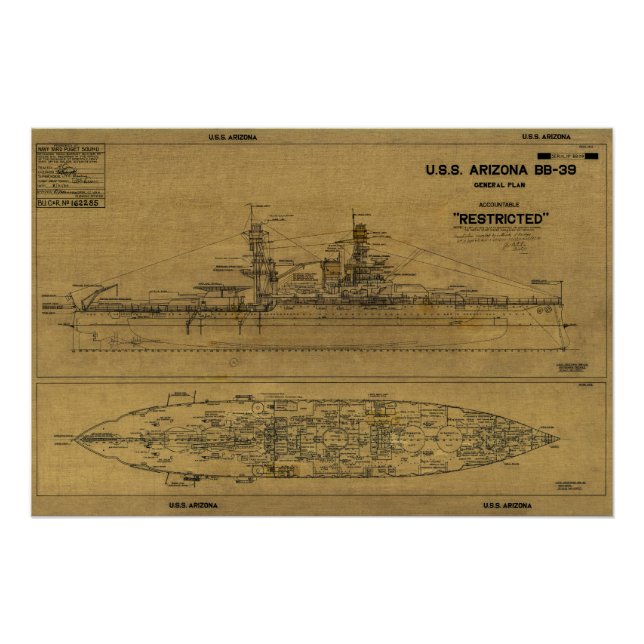 U.S.S. ARIZONA Battleship Blueprint 1934 Poster (Front)