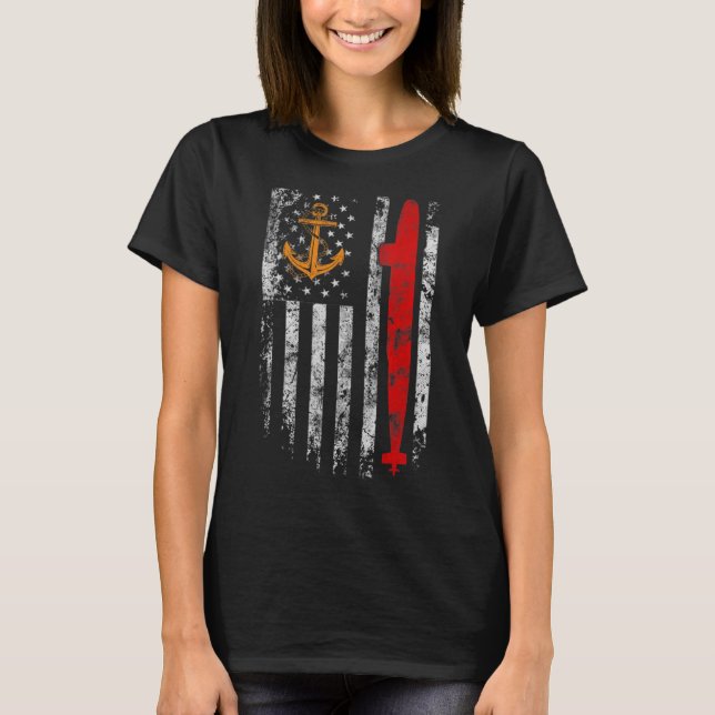 U S Submarine Silent Service Veteran American Flag T-Shirt (Front)