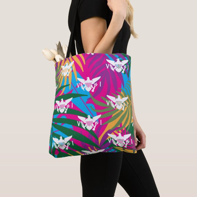 U.S. Virgin Islands Flag, Pink Tropical Leaves Tote Bag (Close Up)