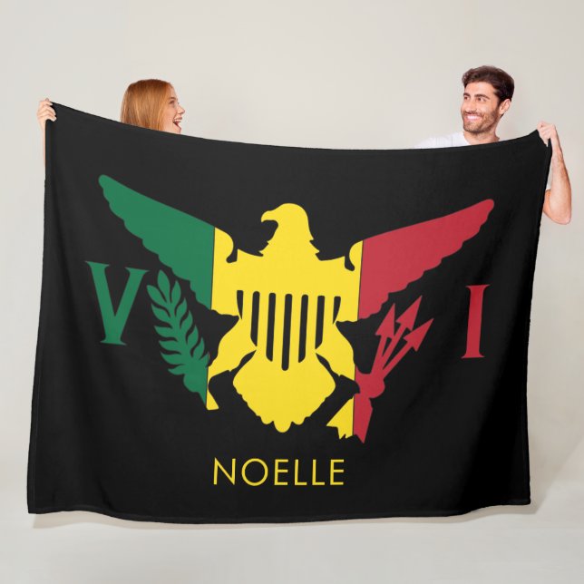 U.S. Virgin Islands Flag, Rasta Red, Yellow, Green Fleece Blanket (In Situ)