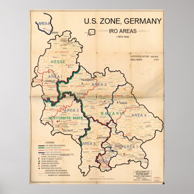 U.S. Zone, Germany IRO aAreas Map (Nov. 1st, 1948) Poster (Front)